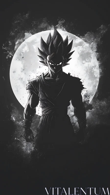 Silhouetted anime warrior framed against full moon.