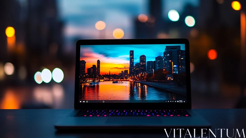 High contrast laptop display isolates sharp skyline against bokeh city