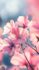 Pink geranium petals in shallow depth field with luminous bokeh.