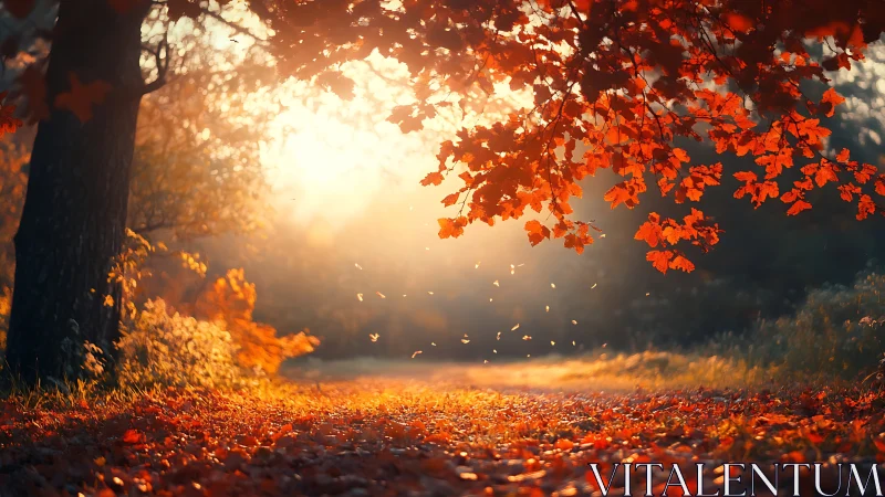 Sunlit forest path under cascading autumn foliage glow.