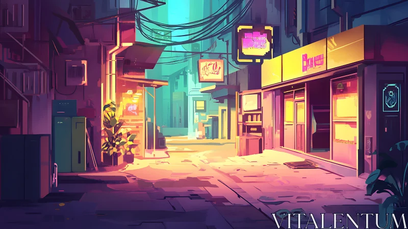 Urban alley scene shows stylized neon-lit commercial passage