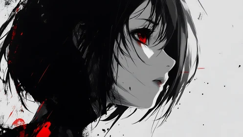 Mysterious red eyed girl in bold black and white contrast.