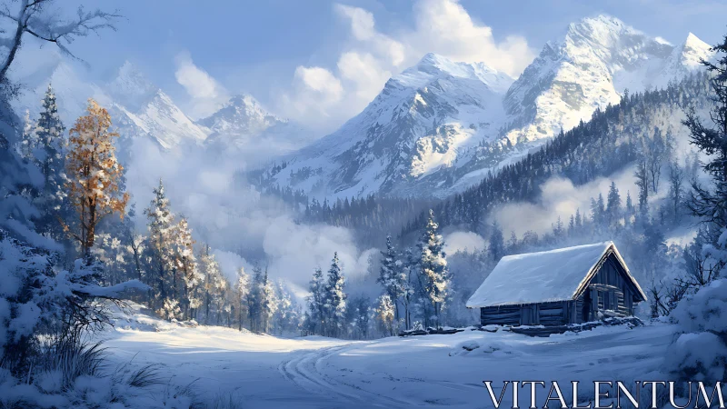 Snowbound cabin below misty alpine peaks at blue hour.