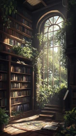 Sunlit library corner with tall window and climbing vines