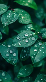 Close-up view of green leaves with scattered raindrops.