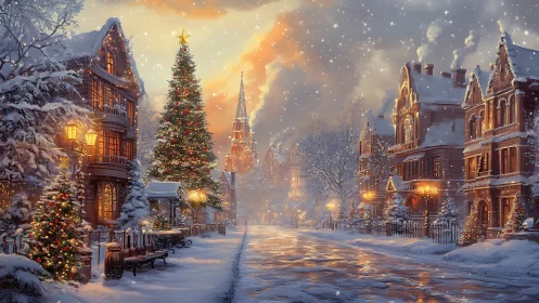 Snowlit Christmas boulevard where lanterns hum with warmth.