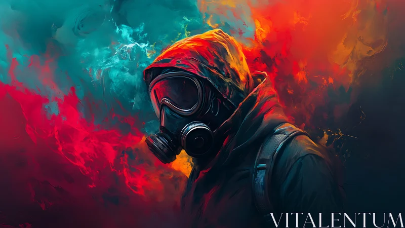 Hooded survivor in gas mask walks through neon toxic storm