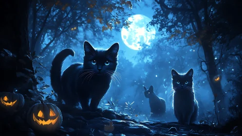 Black Cats Under Moonlight in Enchanted Forest.