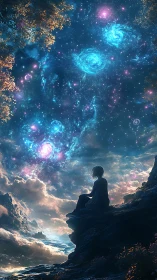 Solitary figure observing stylized galactic night sky scene.