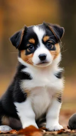 Photorealistic portrait of tricolor puppy in autumn light.