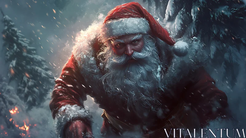 Fierce winter Santa strides through a stormy enchanted forest.