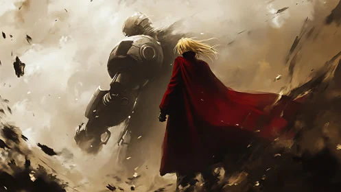 Red-cloaked warrior and armored giant in swirling duststorm.