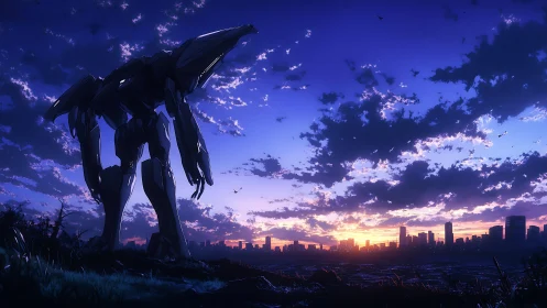 Cinematic anime mecha silhouette against twilight city skyline.