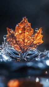 Dry maple leaf with water splash and droplets in focus.