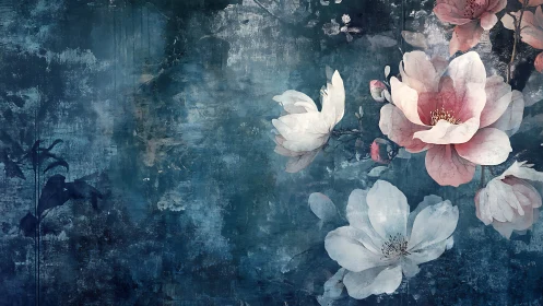 Textured teal ground with pale magnolia blossoms in bloom