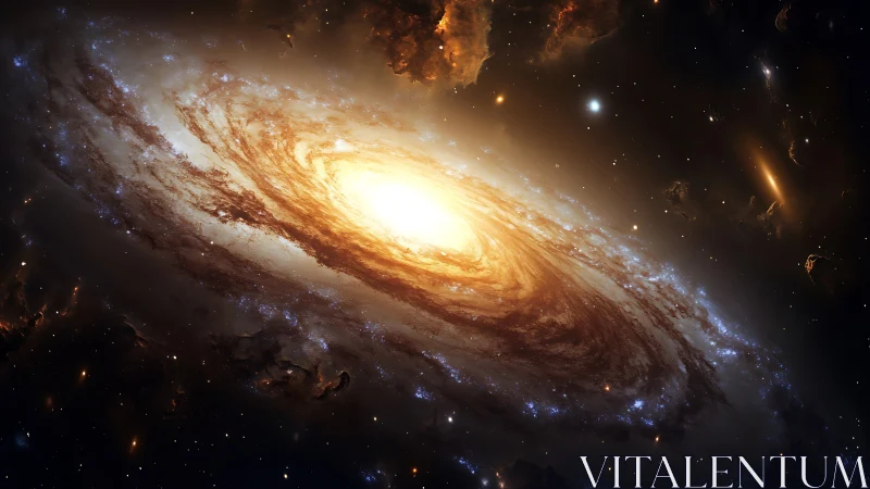 Spiraling golden galaxy glows softly at the heart of deep space