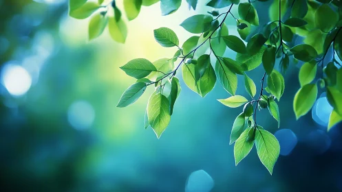 Sunlit Green Leaves on Branches with Soft Bokeh Background.