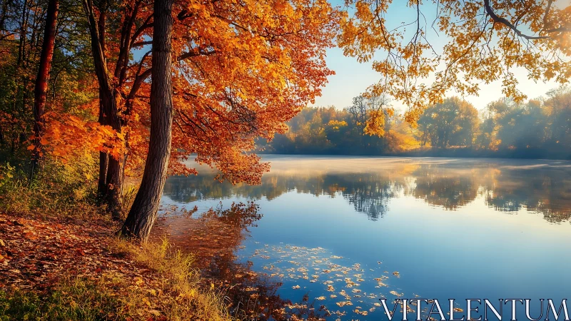 Golden autumn trees mirrored on a tranquil forest lake.