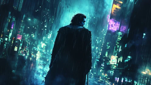 Lone masked figure haunts a neon rain‑soaked cyberpunk city street