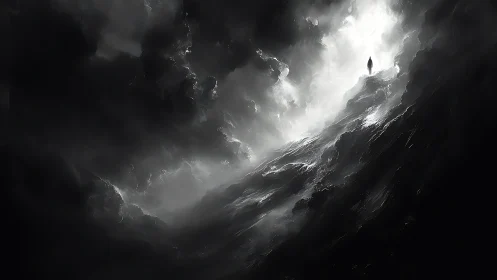 Solitary figure greets a stormy path of swirling shadow and light