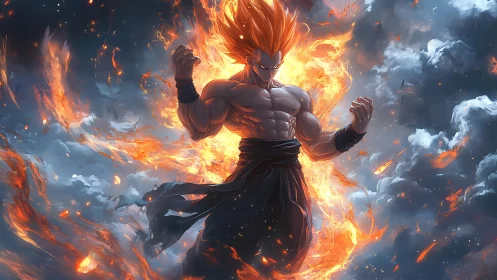 Fiery warrior channels explosive power within stormy sky