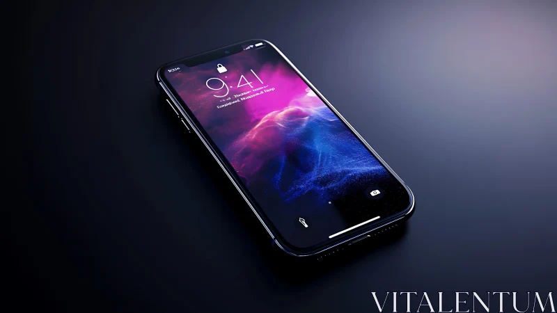 Modern smartphone on dark surface with vivid lock screen.