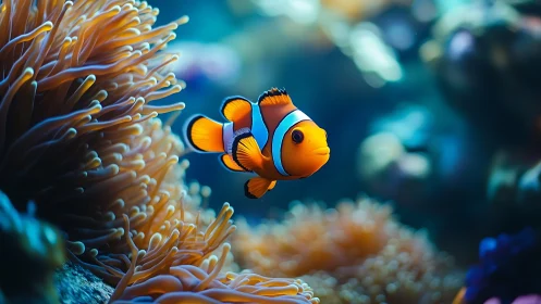 Clownfish swims beside sea anemone in vivid reef scene