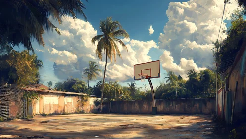 Tropical outdoor basketball court under towering storm clouds