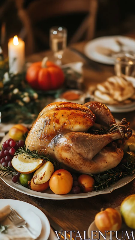 Golden roast turkey with autumnal garnish under warm candlelight