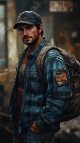 Urban survivor portrait in worn flannel and backpack.