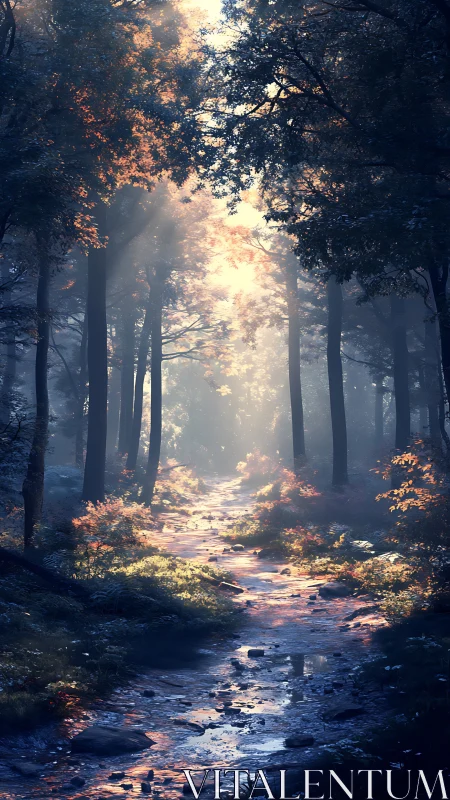 Forest Stream Pathway Illuminated by Volumetric Light Ray Filtering Through Deciduous Canopy