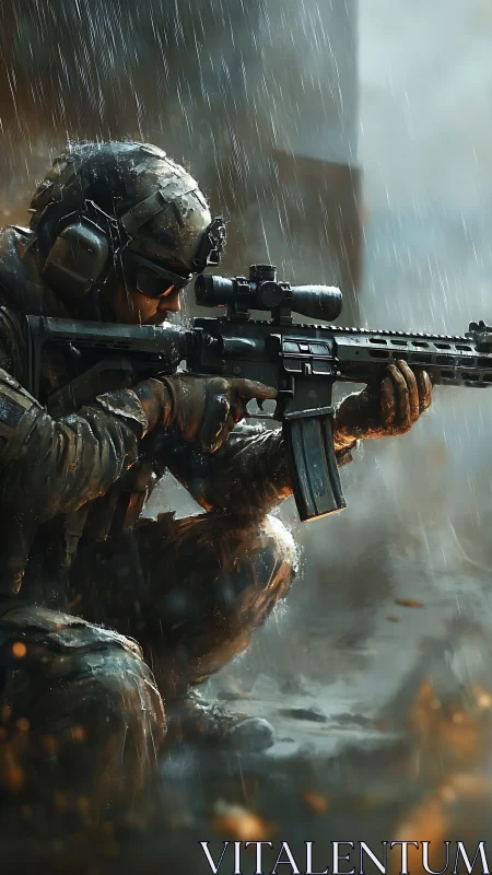 Tactical sniper crouched in heavy rain, rifle ready for contact.