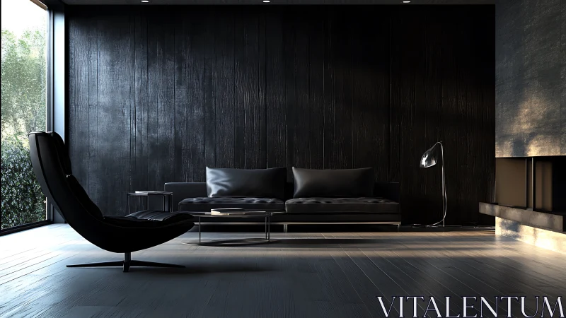 Serene black living room with soft light and cozy seating.