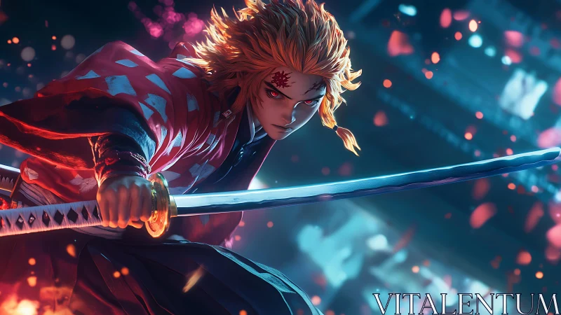 Blazing samurai lunges through neon embers with fierce grace.