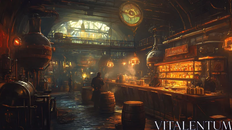 Steampunk distillery bar interior with alchemical brass lighting.