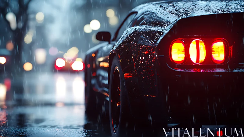 Muscle car taillights glow through rainy night traffic scene.