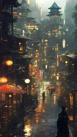 Rain-soaked lantern street glows in a misty Asian night