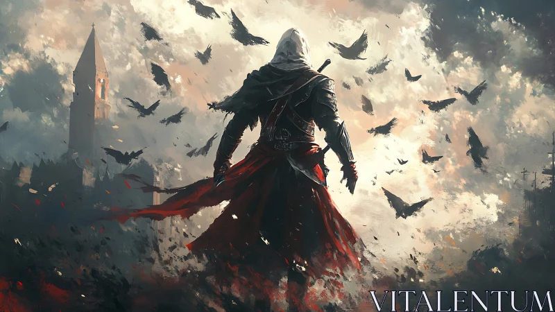 Hooded figure observes circling birds over ruined cityscape