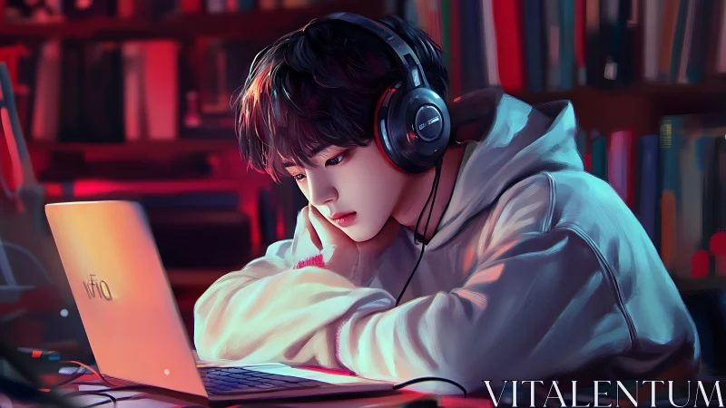 Focused student studies on laptop in dim library interior