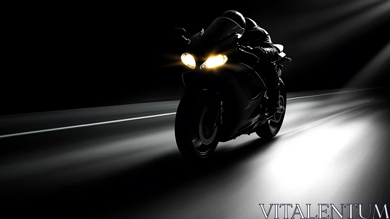 Motorcycle moves along dark roadway with directional lighting