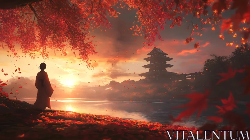 Samurai watches autumn sunset over riverside pagoda