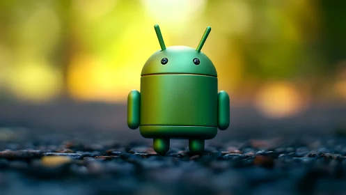3D android mascot on pebble ground with shallow depth of field.