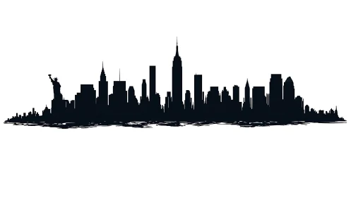 New York skyline silhouette with Statue of Liberty detail.