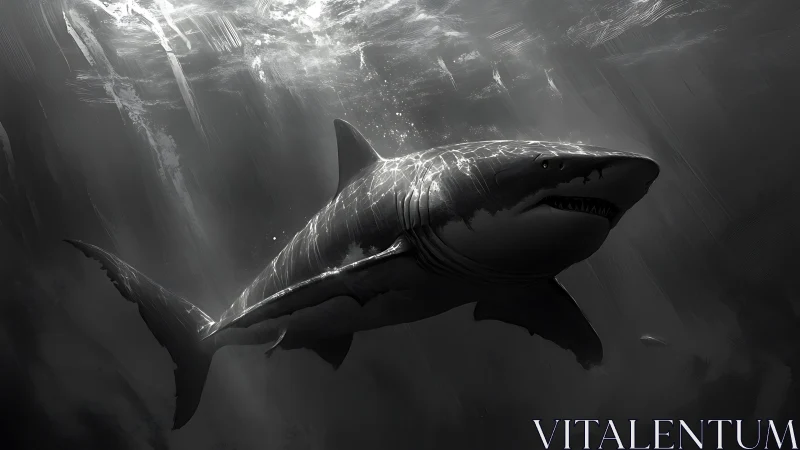 Underwater shark rendered in monochrome directional lighting