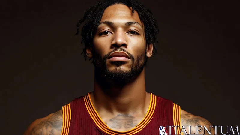 Basketball player portrait in maroon team jersey, front view.