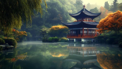Mist-kissed pagoda dreaming beside an autumn glass lake.