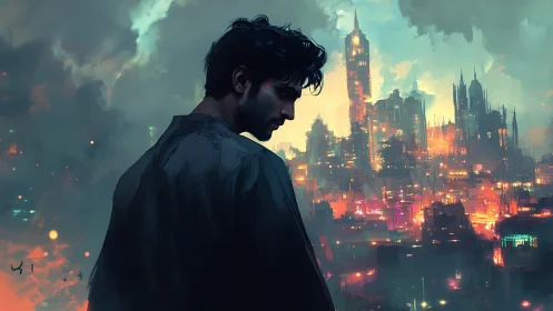 Solitary figure overlooking neon-lit dystopian megacity skyline.