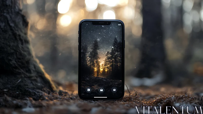 Smartphone Displaying Nocturnal Forest Landscape with Starfield and Emergent Trees