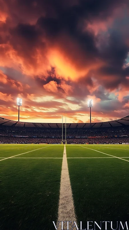 Sunset stadium rugby field glows under dramatic stormy sky