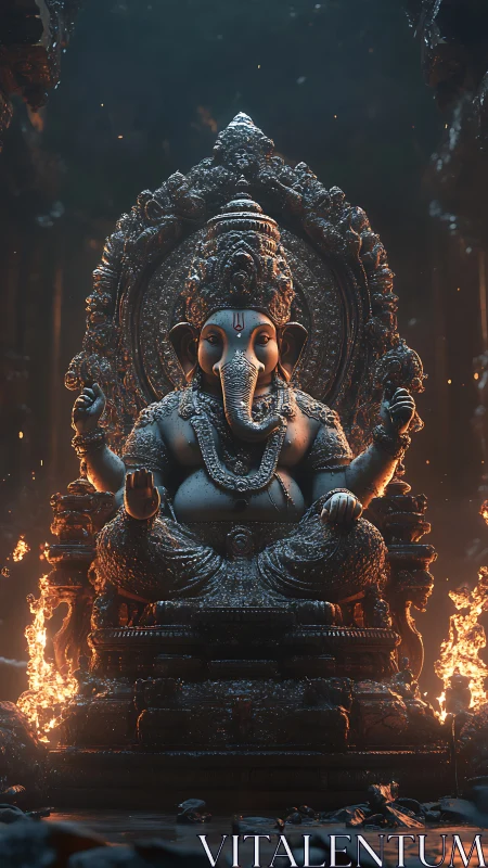 Ganesha stone statue in fiery temple chamber at night.